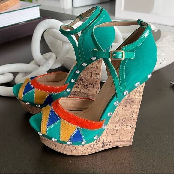 ALBA Peep Toe Platform Multicolor Patche Design Stitch Front Ankle Belt Size 7.5 - Picture 10 of 10